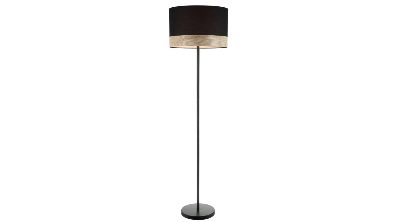 Tambura Scandinavian Large Round Cloth with Wood Veneer Trim Floor Lamp - Black