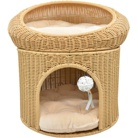 Design Square Tower Rattan Pet House Bed - Beige
