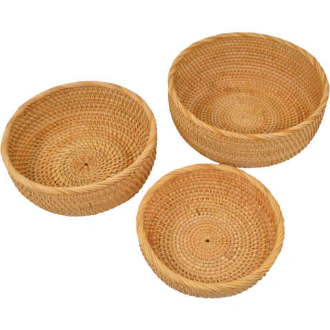 Design Square Set of 3 Rattan Round Storage Basket - Natural