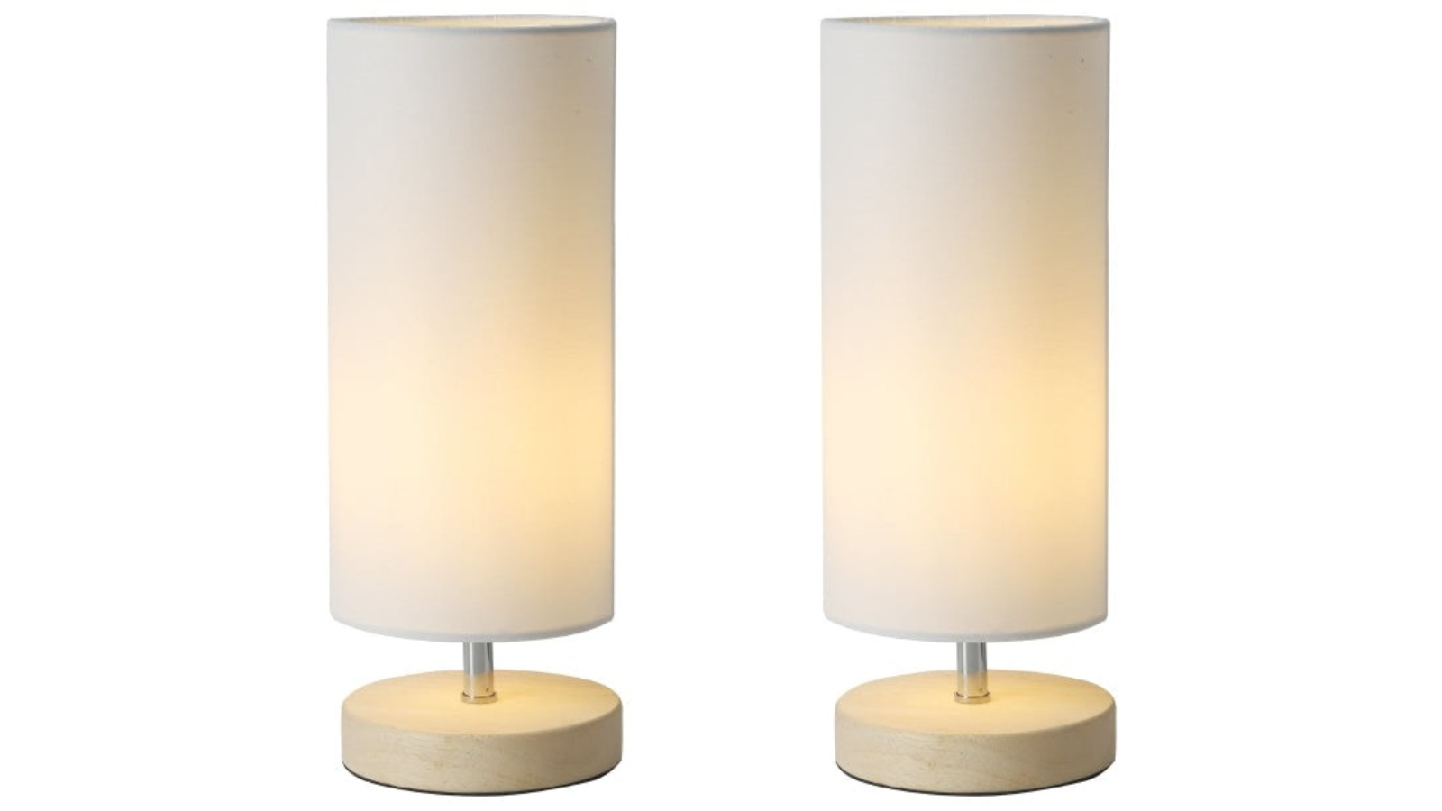 Luminea Set of 2 Omega Bright Duo Linen Shade Wooden Cylinder Table Lamp Light - White