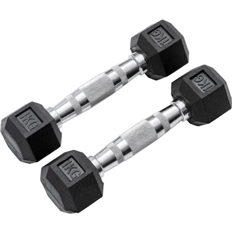 METEOR 1kg Rubber Hex Dumbbells Weights - 1 Pair