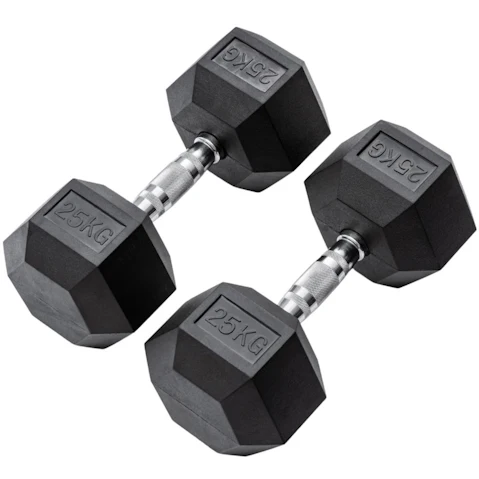 METEOR 25kg Rubber Hex Dumbbells Weights - 1 Pair