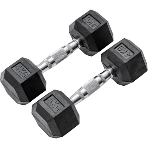 METEOR 4kg Rubber Hex Dumbbells Weights - 1 Pair