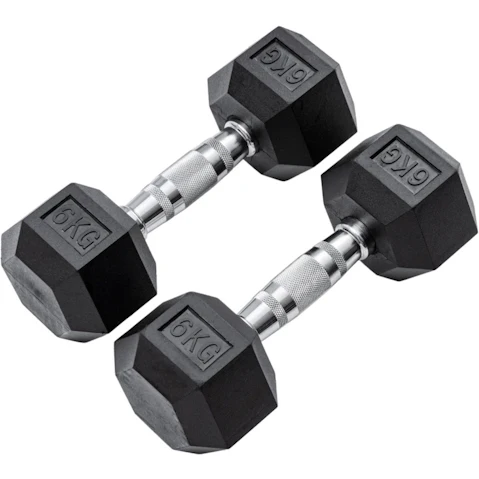METEOR 6kg Rubber Hex Dumbbells Weights - 1 Pair