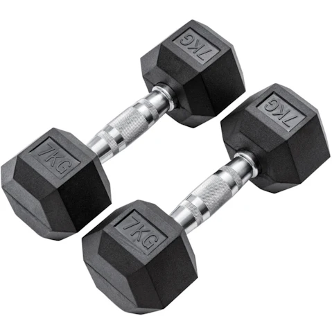 METEOR 7kg Rubber Hex Dumbbells Weights - 1 Pair