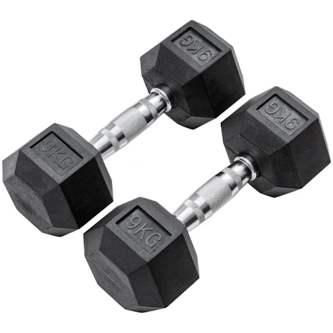 METEOR 9kg Rubber Hex Dumbbells Weights - 1 Pair