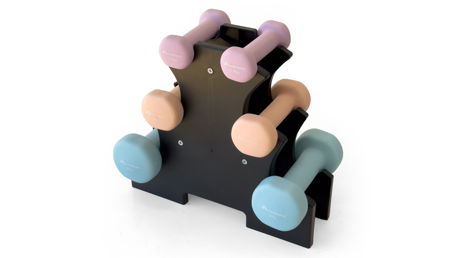 Meteor For The Winners 0.5kg/1kg/2kg Flat Bottom Neoprene Dumbbell Set with Storage Rack