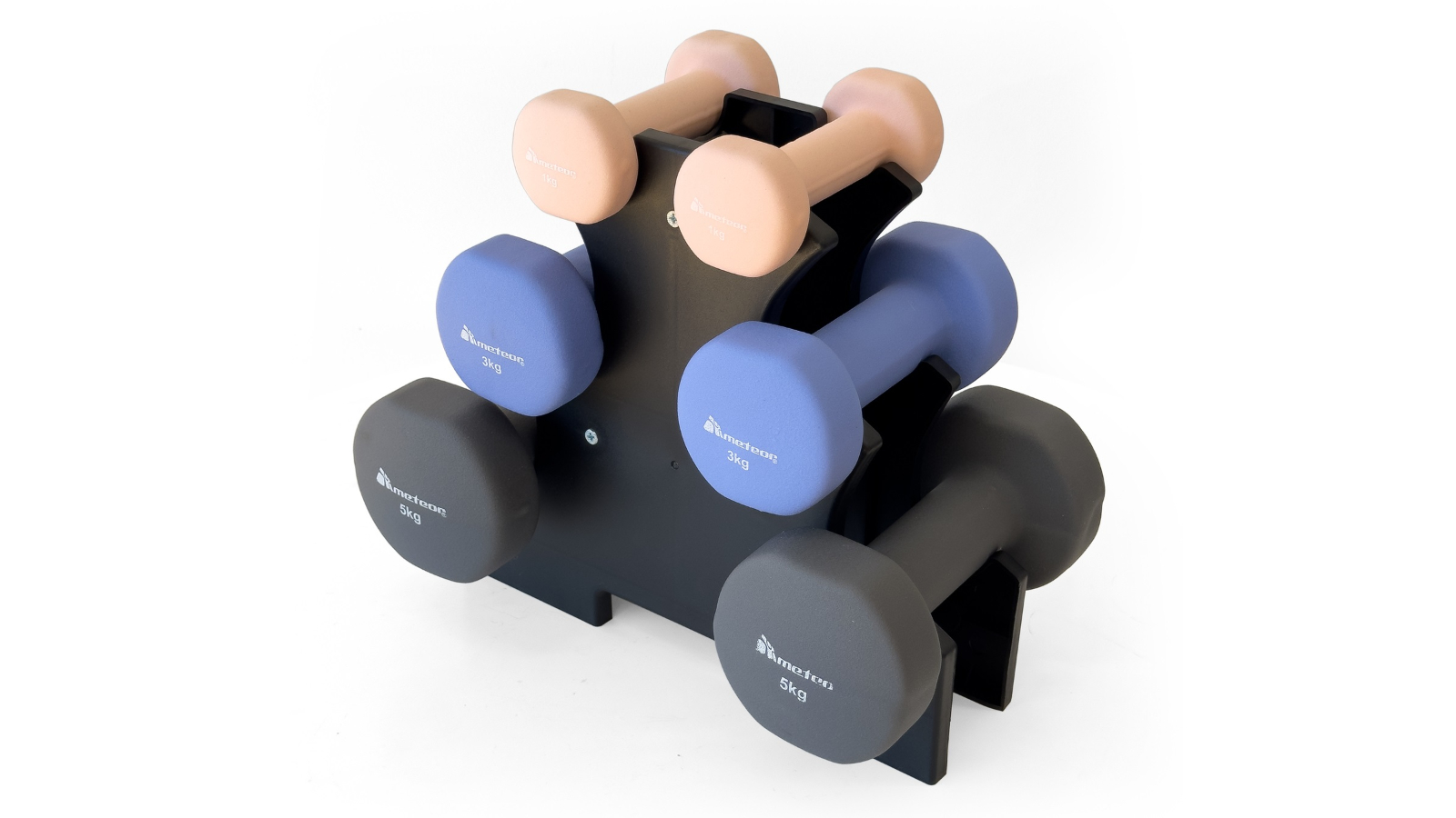 Meteor For The Winners 1kg/3kg/5kg Flat Bottom Neoprene Dumbbell Set with Storage Rack