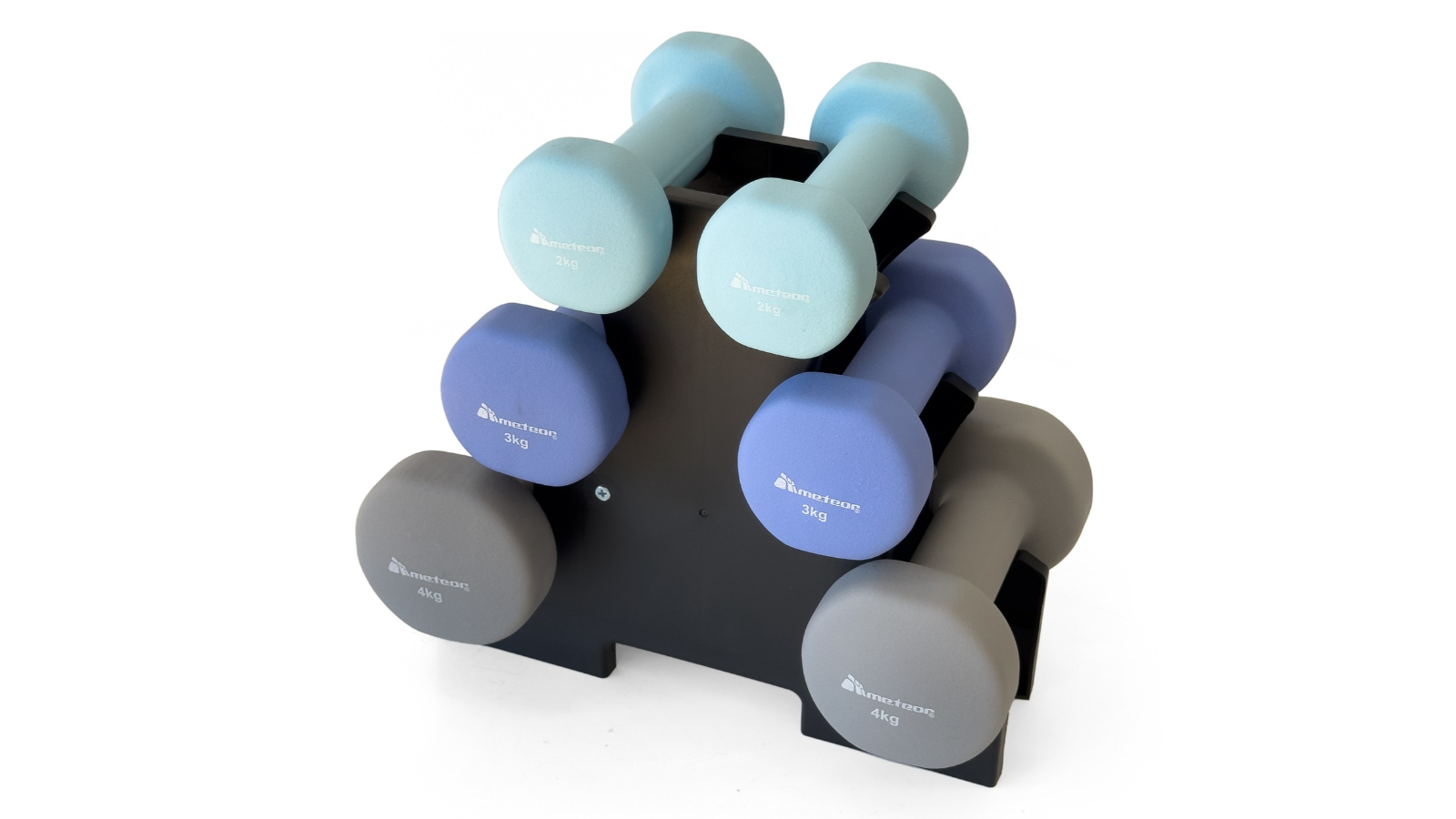 Meteor For The Winners 2kg/3kg/4kg Flat Bottom Neoprene Dumbbell Set with Storage Rack