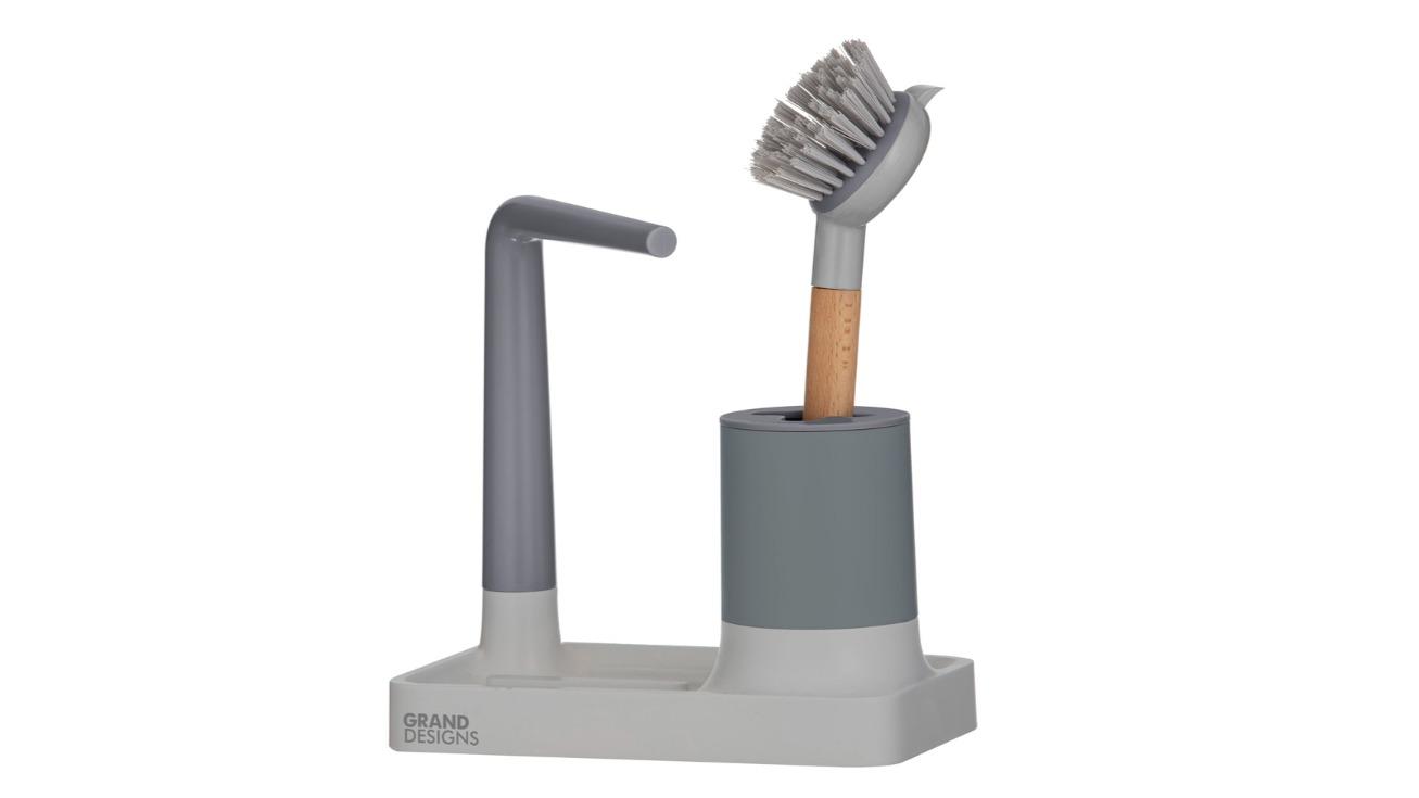 Grand Designs Kitchen Sink Organiser with Brush Holder - Grey/Natural