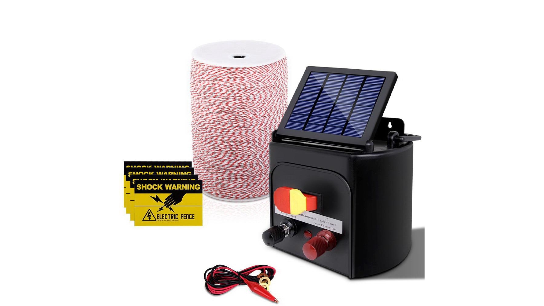 Giantz 11cm x 9.5cm Solar Panel Fence Energiser + 2km Poly Fencing Wire Tape