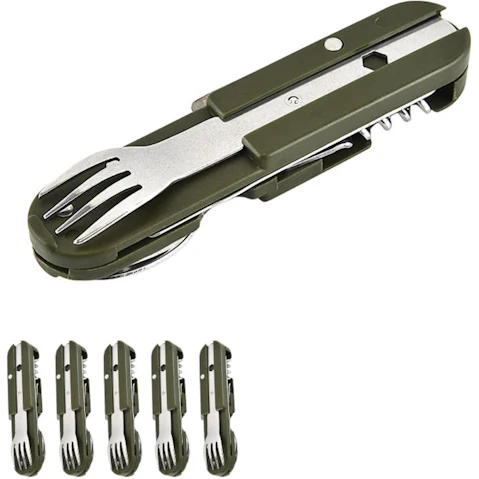NNEOBA 7-in-1 Green Folding Camping Cutlery Set with Storage Bag
