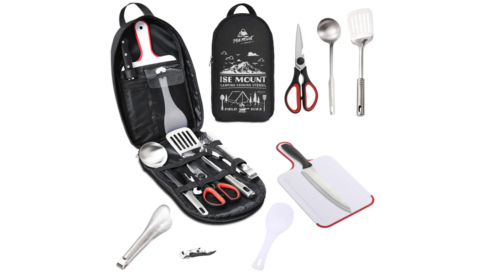 NNEOBA 9 Piece Black Portable Stainless Steel Camping Utensils Set