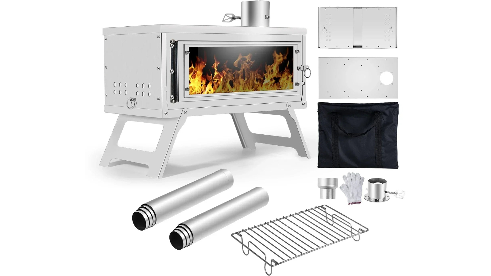 NNEOBA Silver Portable Wood Stove with Chimney Fastfold Tent