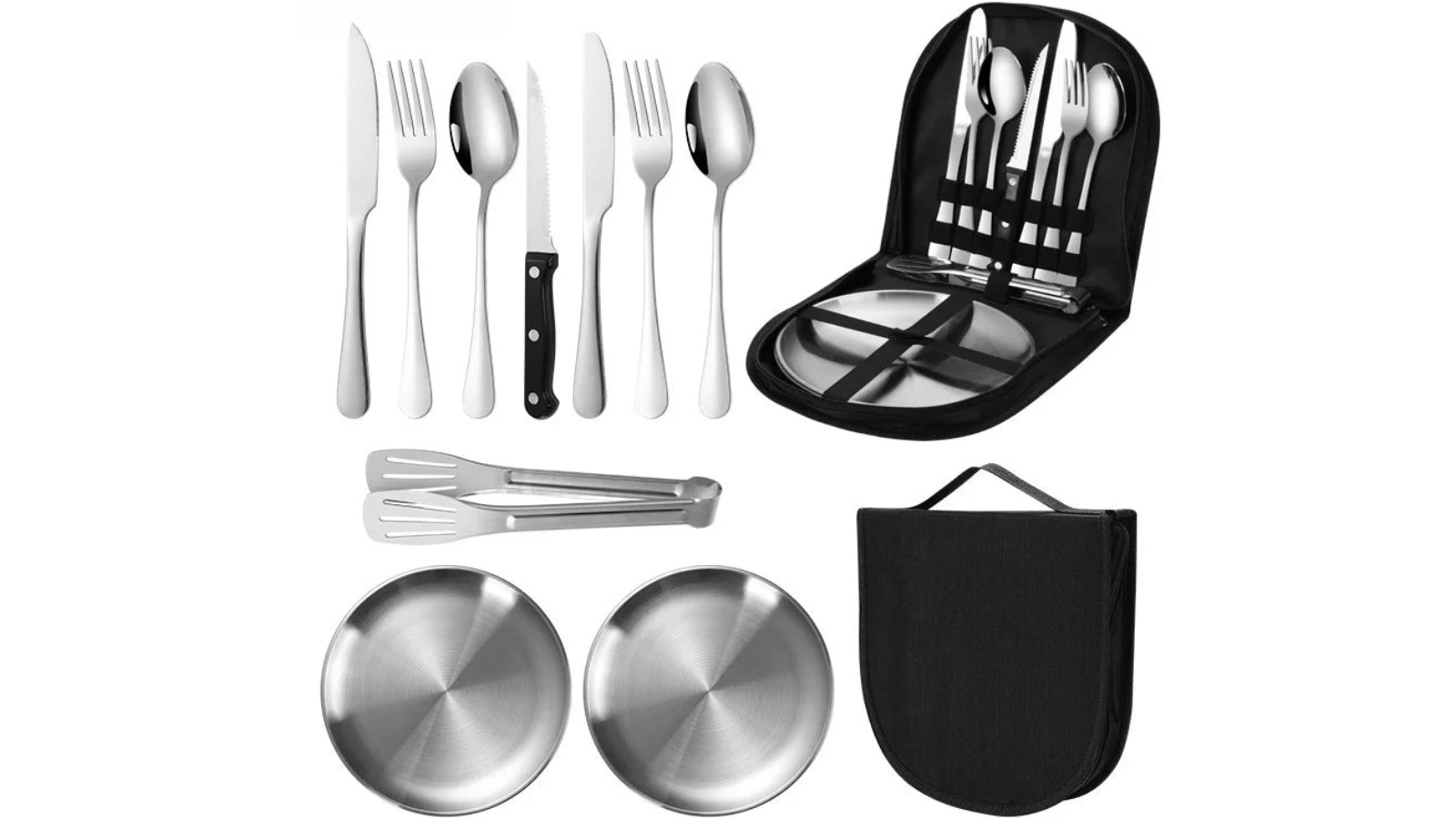 NNEOBA 20 Piece Silver Steel Outdoor Camping Cutlery Set