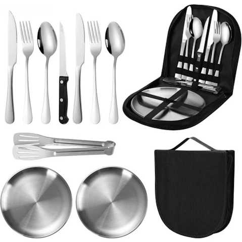 NNEOBA 20 Piece Silver Steel Outdoor Camping Cutlery Set