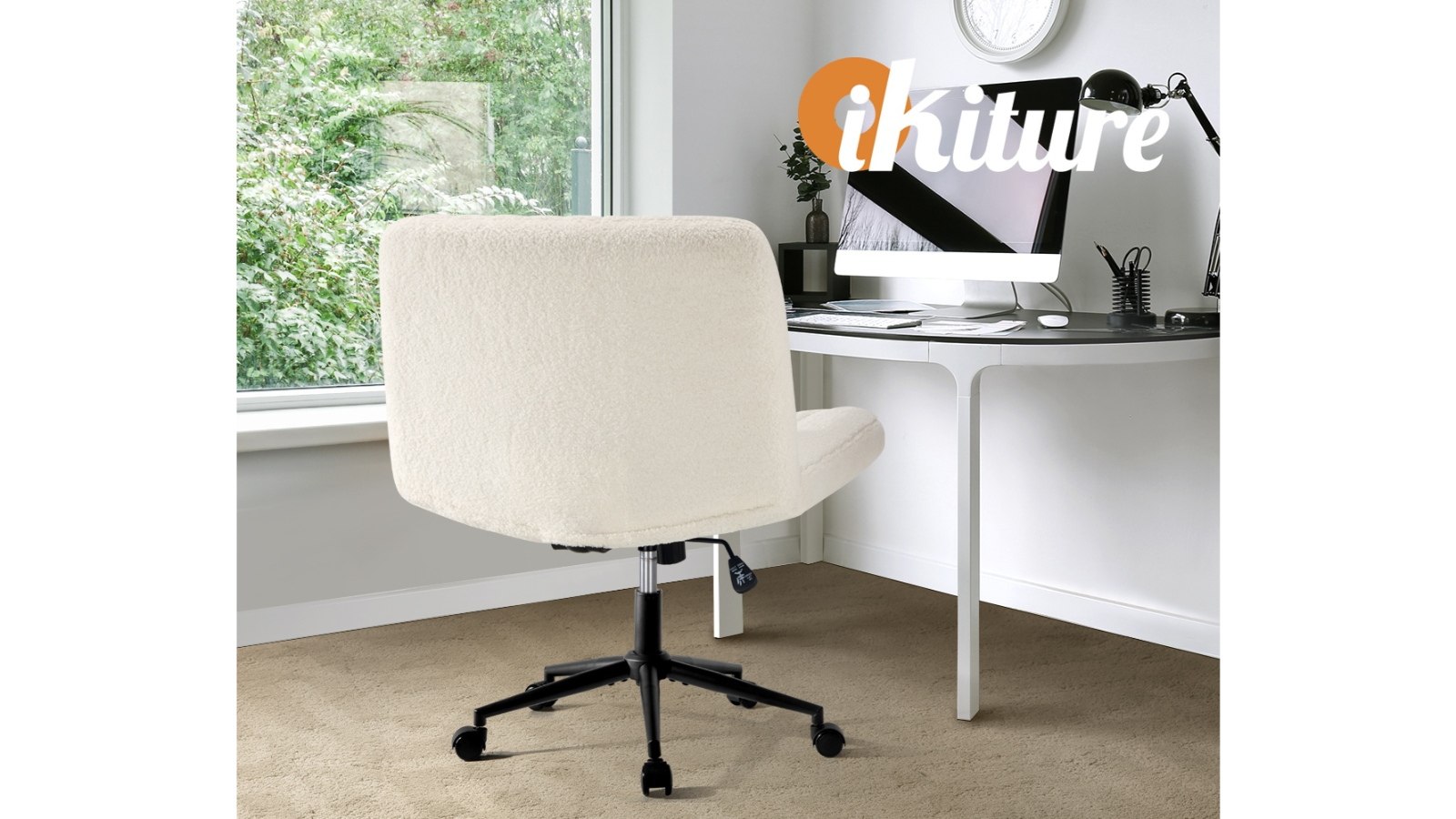 Oikiture Mid Back Armless Sherpa Office Chair with Wheels White
