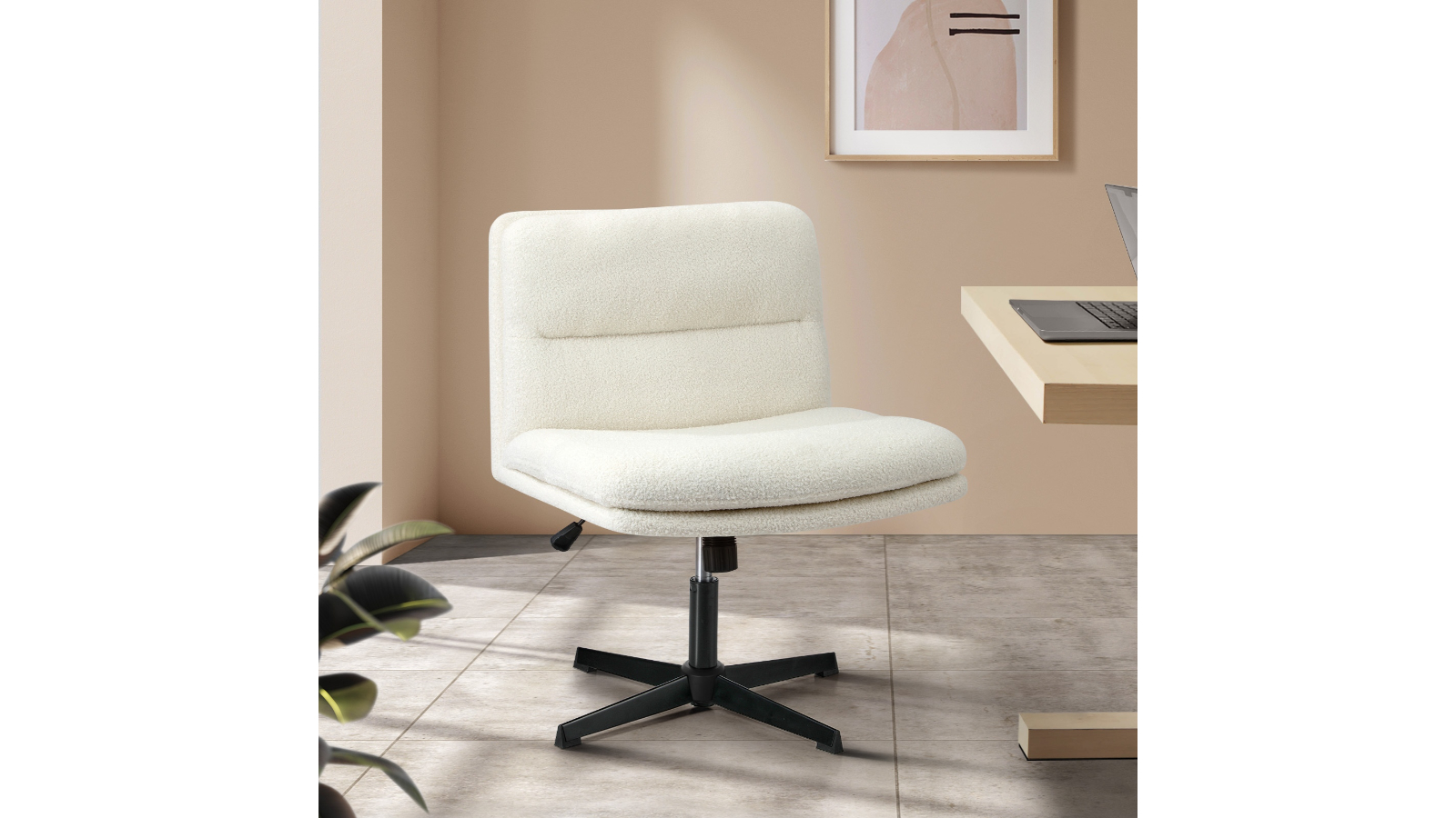 Oikiture No Wheel Boucle Mid Back Armless Wide Office Desk Chair