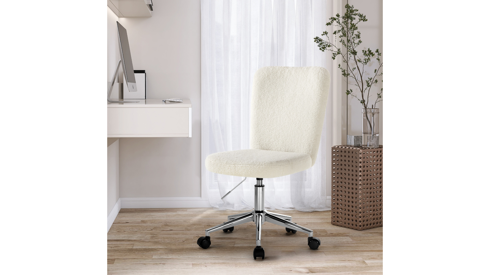 Oikiture Boucle High Back Armless Home Office Chair - White/Silver ...