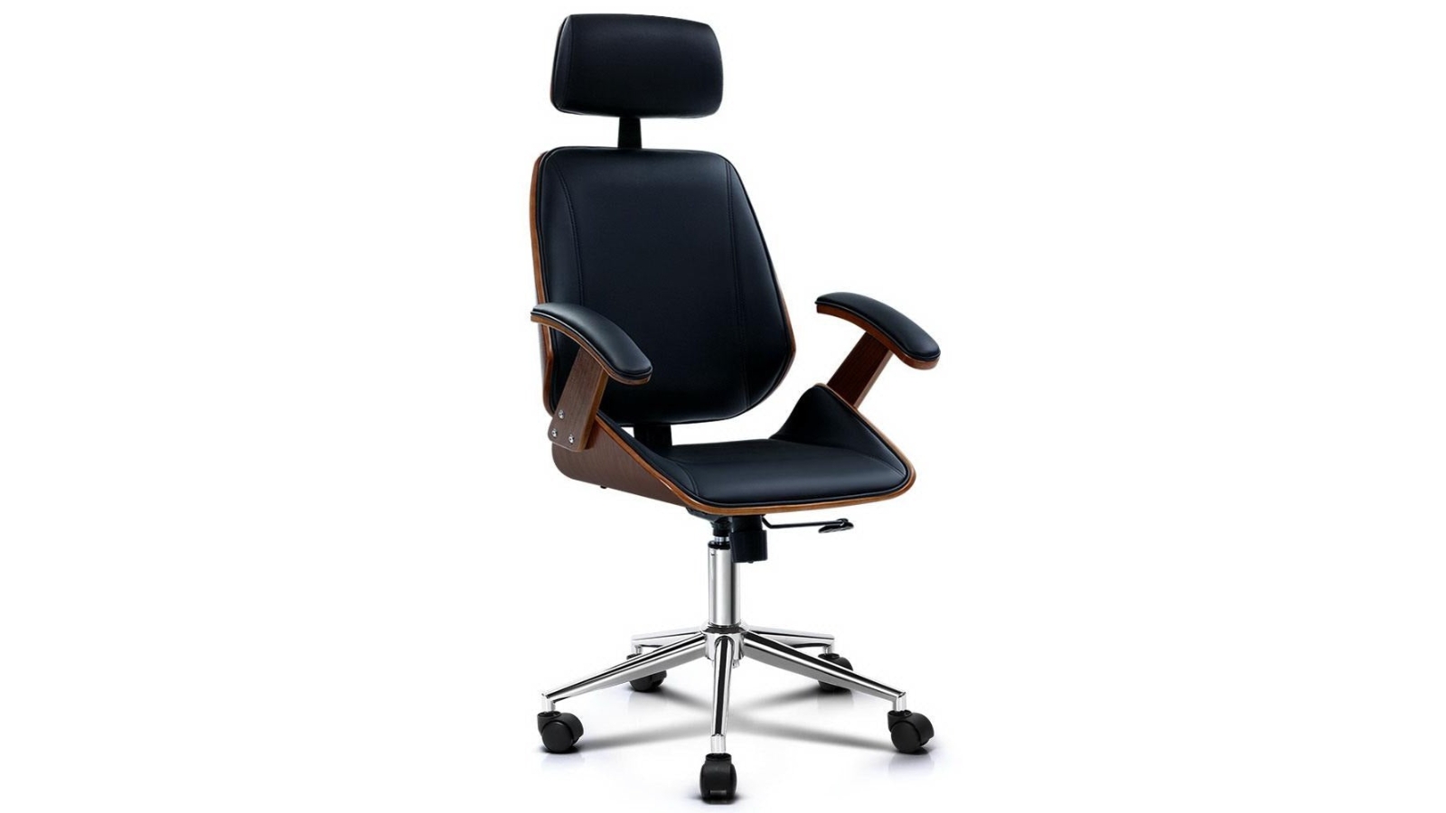 Artiss Leather Seat Wooden High-Back Computer Swivel Home Office Chair with Headrest