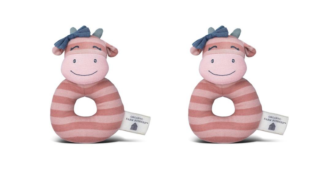 Organic Farm Buddies Pack of 2 Cotton 13cm Teething Rattle Miss Moo