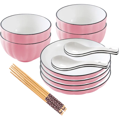 Soga Set of 8 Japanese Style Ceramic Dinnerware Bowl Set - Pink