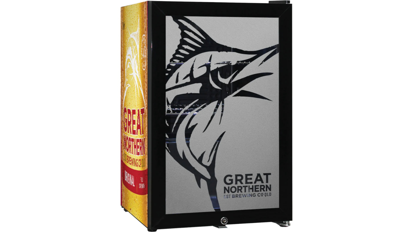 Man Cave Original Great Northern Glass Door Bar Fridge with Cool Frosted Logo 70 Litre