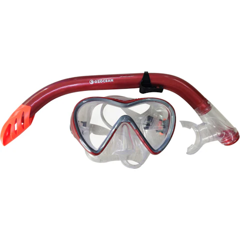 Oz Ocean 2 Piece Mettams Adults Swimming Adjustable Goggles Mask and Snorkel Set - Red