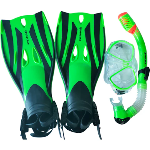 Oz Ocean 4 Piece Tangal Ooma Kids Mask Swimming Beach Snorkel and Fin Set - Black/Green