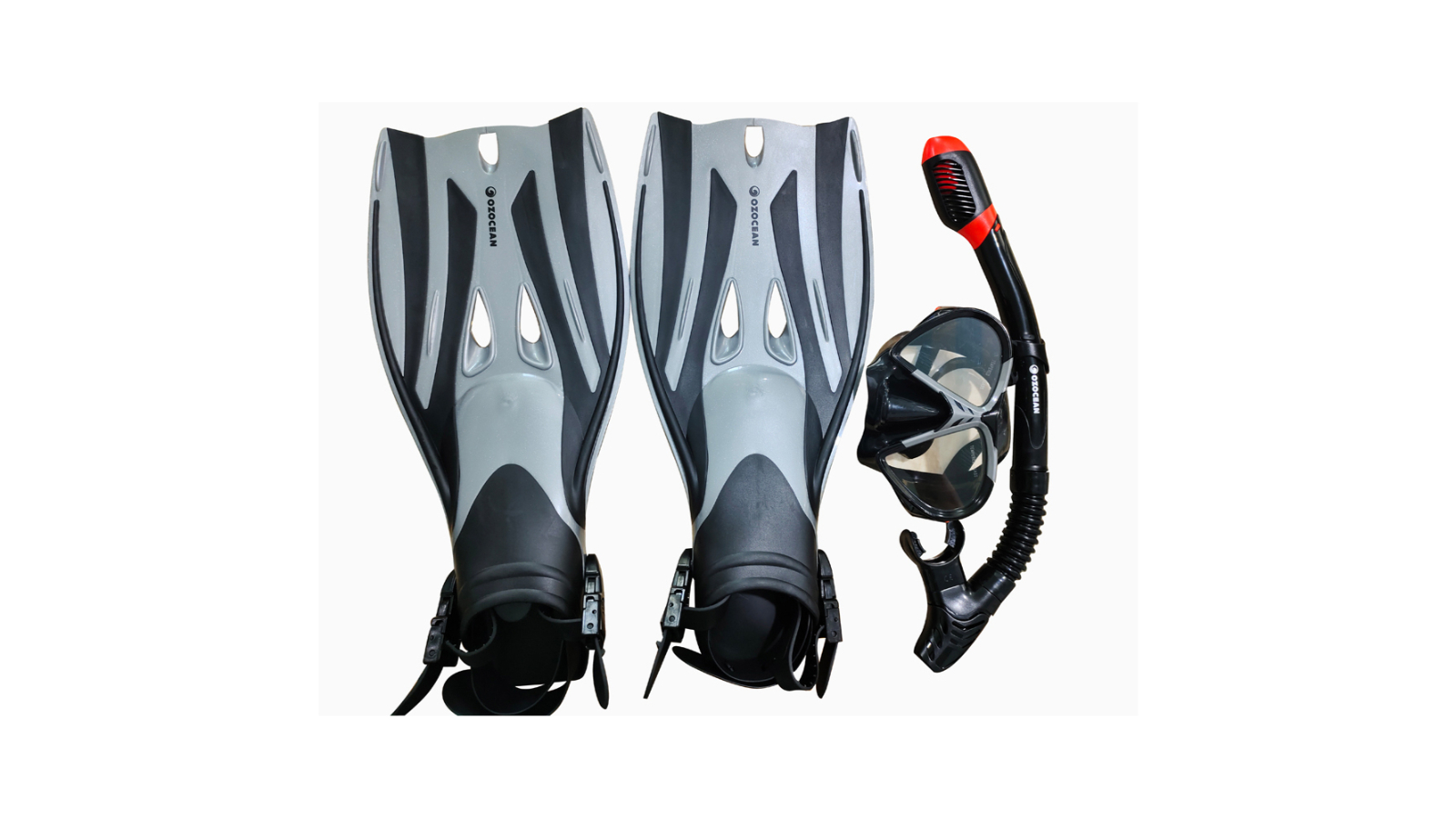 Oz Ocean 4 Piece Rotto Adults Swimming Goggles Mask and Snorkel Set - Grey/Black