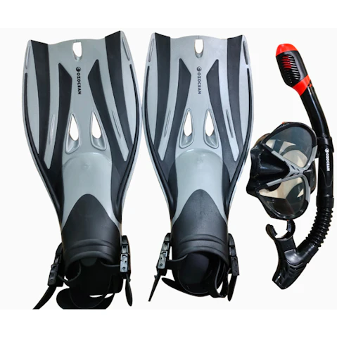 Oz Ocean 4 Piece Abrolhos Adults Swimming Goggles Mask Snorkel/Fin Set - Red/Black