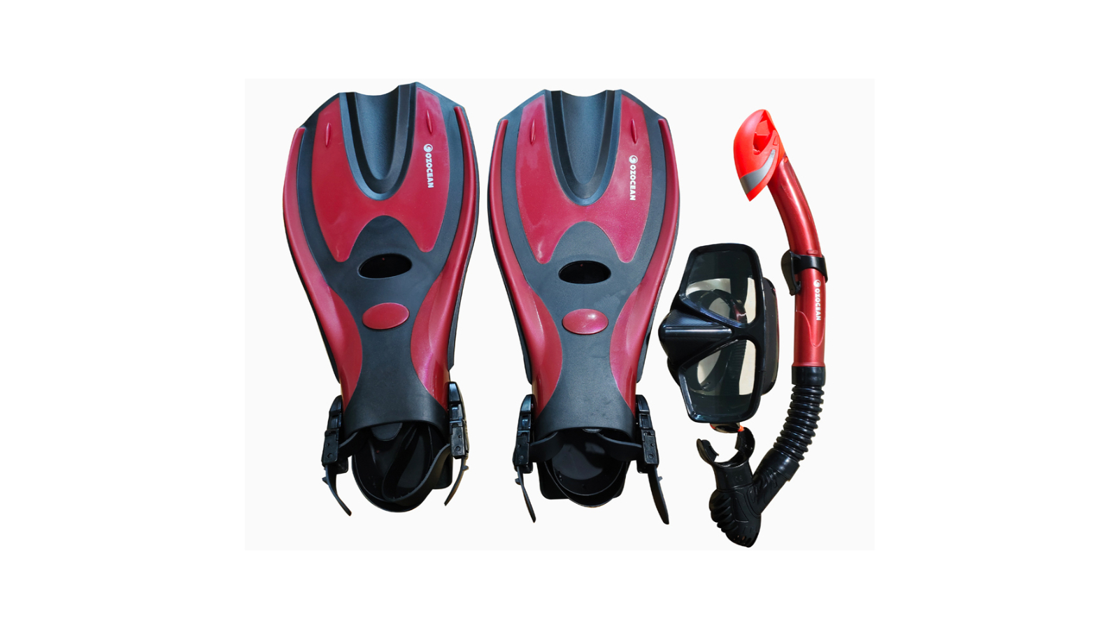 Oz Ocean 4 Piece Abrolhos Adult Swimming Goggles Mask/Snorkel/Fin Set - Red/Black