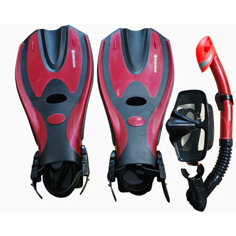 Oz Ocean 4 Piece Abrolhos Adult Swimming Goggles Mask/Snorkel/Fin Set - Red/Black