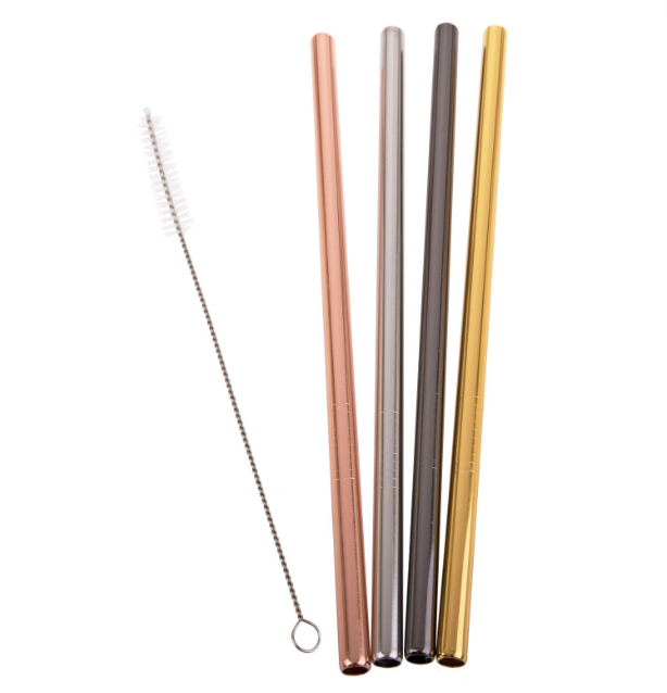 Appetito Metallic Straight Stainless Steel Straws - Set of 4