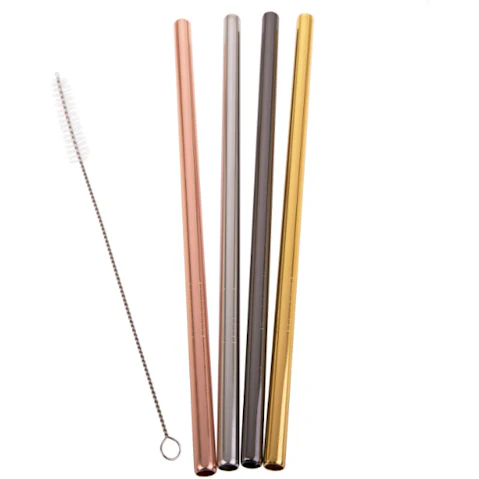 Appetito Metallic Straight Stainless Steel Straws - Set of 4