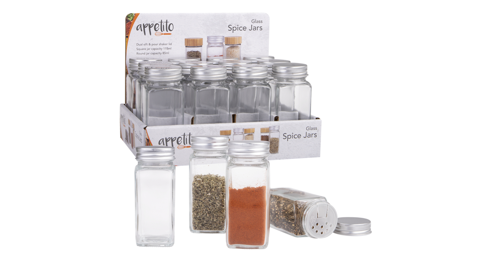 Appetito Pack of Square Glass Spice Jar with Metal Lid Harvey