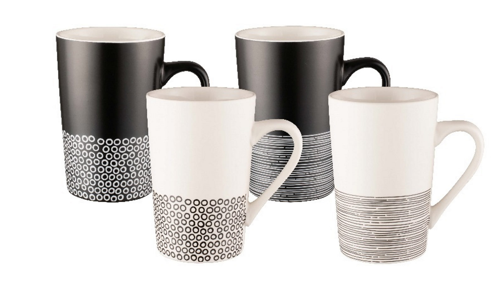 Bundanoon Set of 4 New Bone China Coffee and Tea Mugs - Monochrome Hem