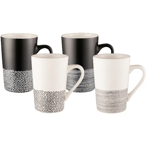 Bundanoon Set of 4 New Bone China Coffee and Tea Mugs - Monochrome Hem