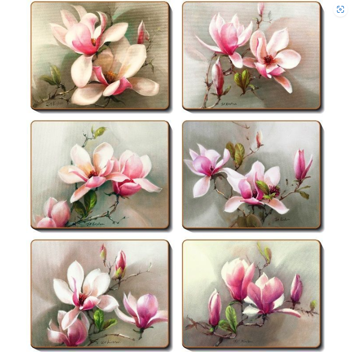 Cinnamon Set of 6 Cork Backed Coasters - Magnolias
