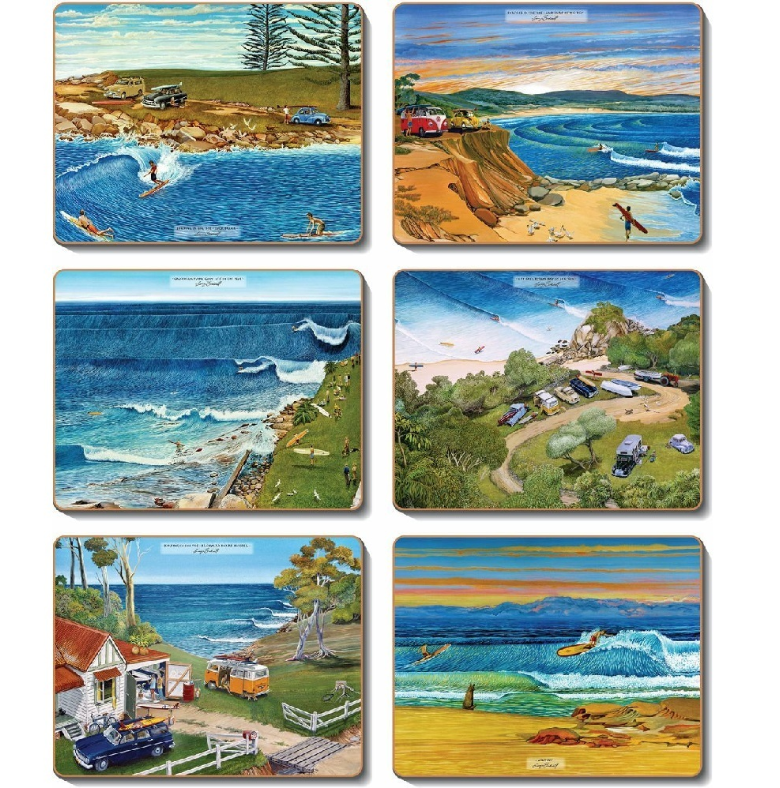 Cinnamon Set of 6 Cork Backed Coasters - Surf Safari