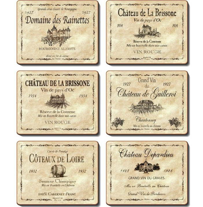 Cinnamon Set of 6 Cork Backed Coasters - Wine Labels