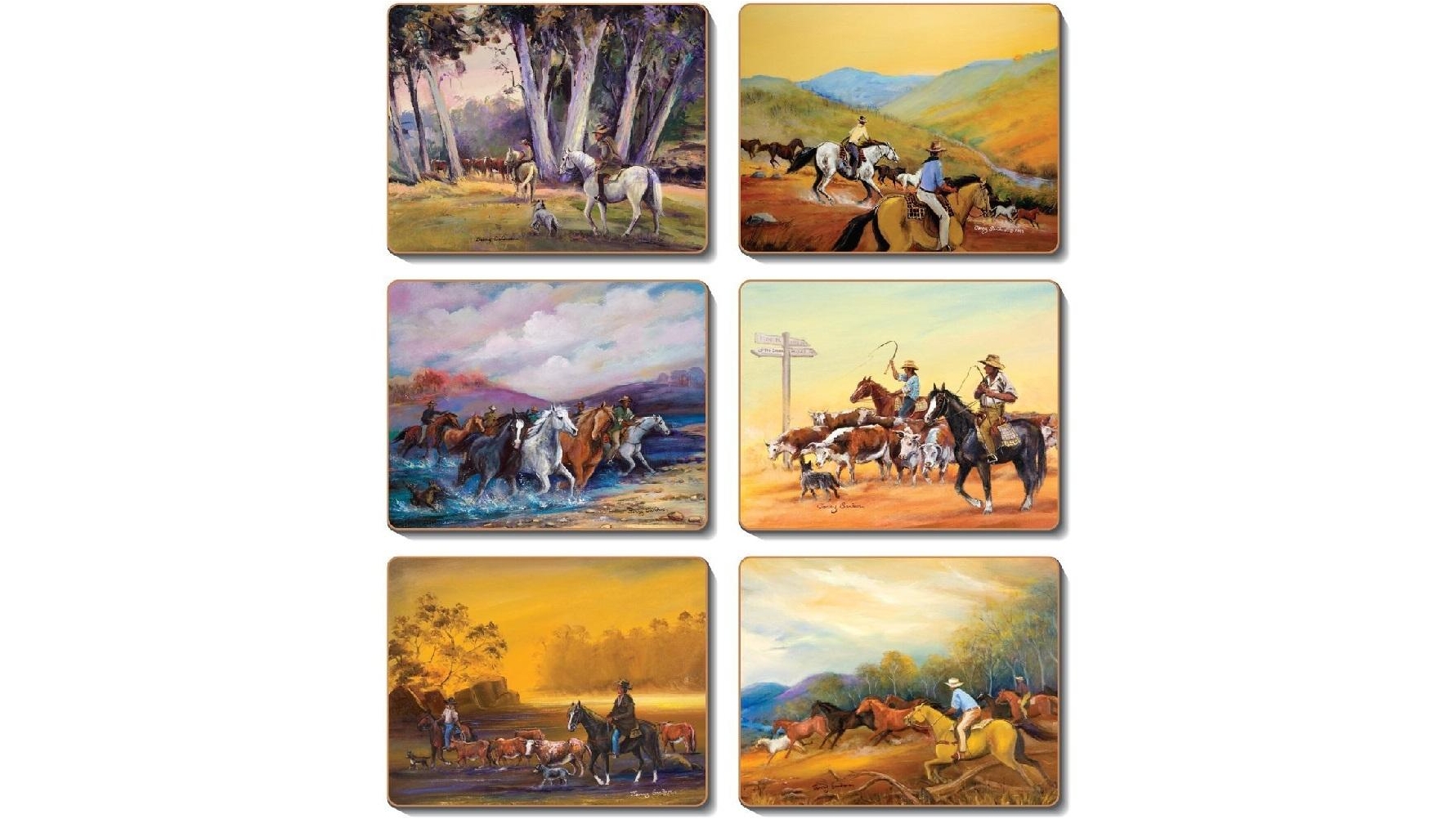Cinnamon Lacquered Cork Backed Man from Snowy River Placemats Set of