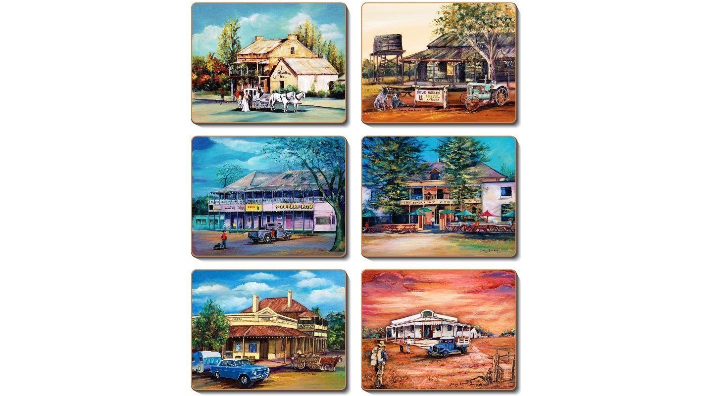 Cinnamon Lacquered Cork Backed Old Hotels Placemats Set of 6 Harvey