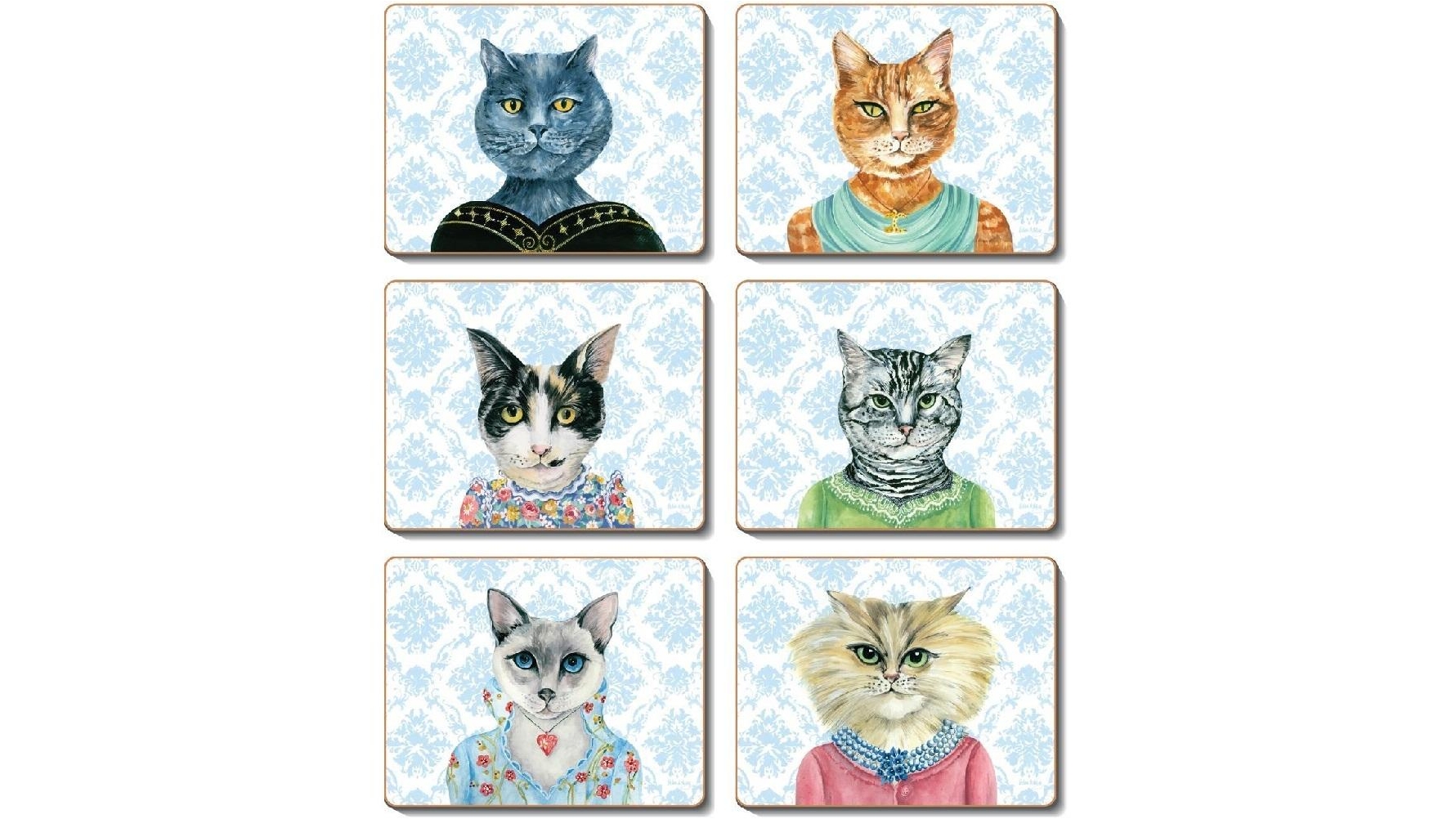 Cinnamon Lacquered Cork Backed Lady Cat Luncheon Placemats - Set of 6