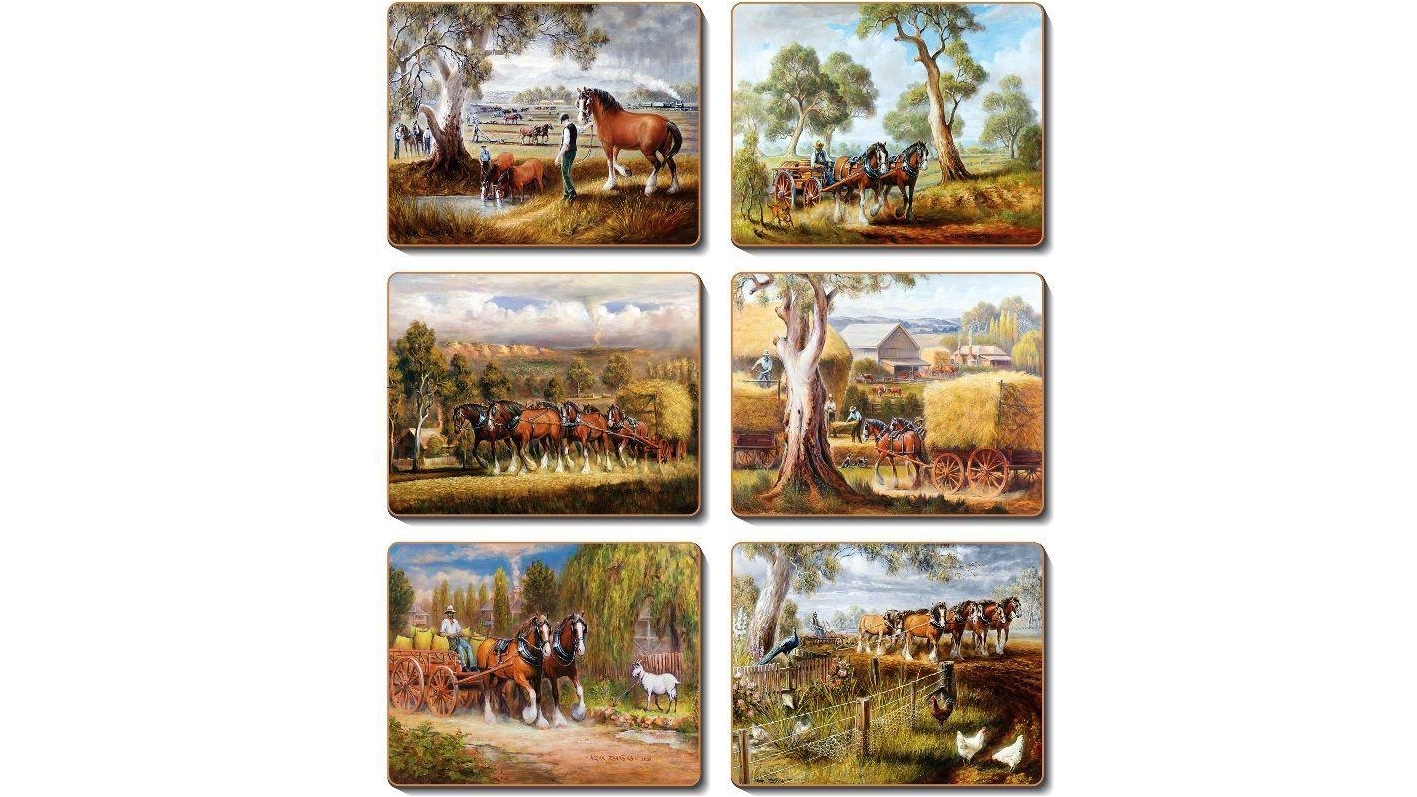 Cinnamon Lacquered Cork Backed Working Horses Placemats - Set of 6