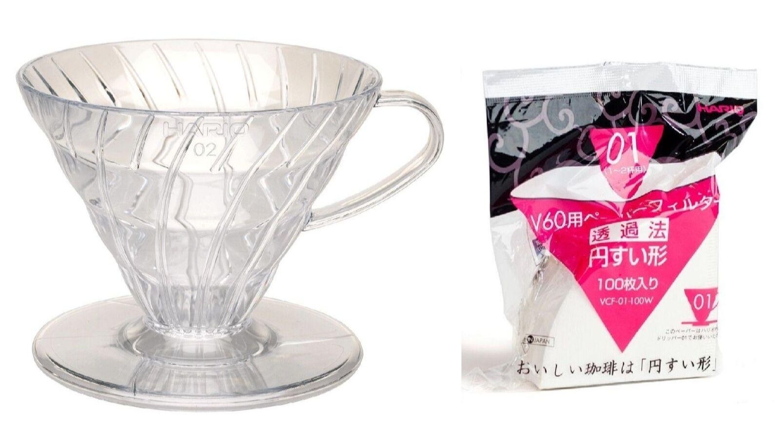 Hario V60 01 Coffee Dripper with 100 Filter Papers. Includes a Free