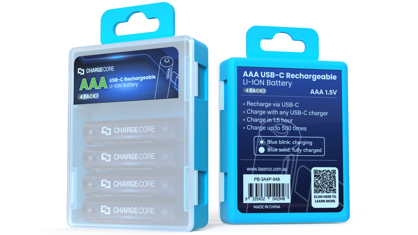 Laser ChargeCore 1.5V AAA USB-C Rechargeable Li-ion Battery - 4-Pack
