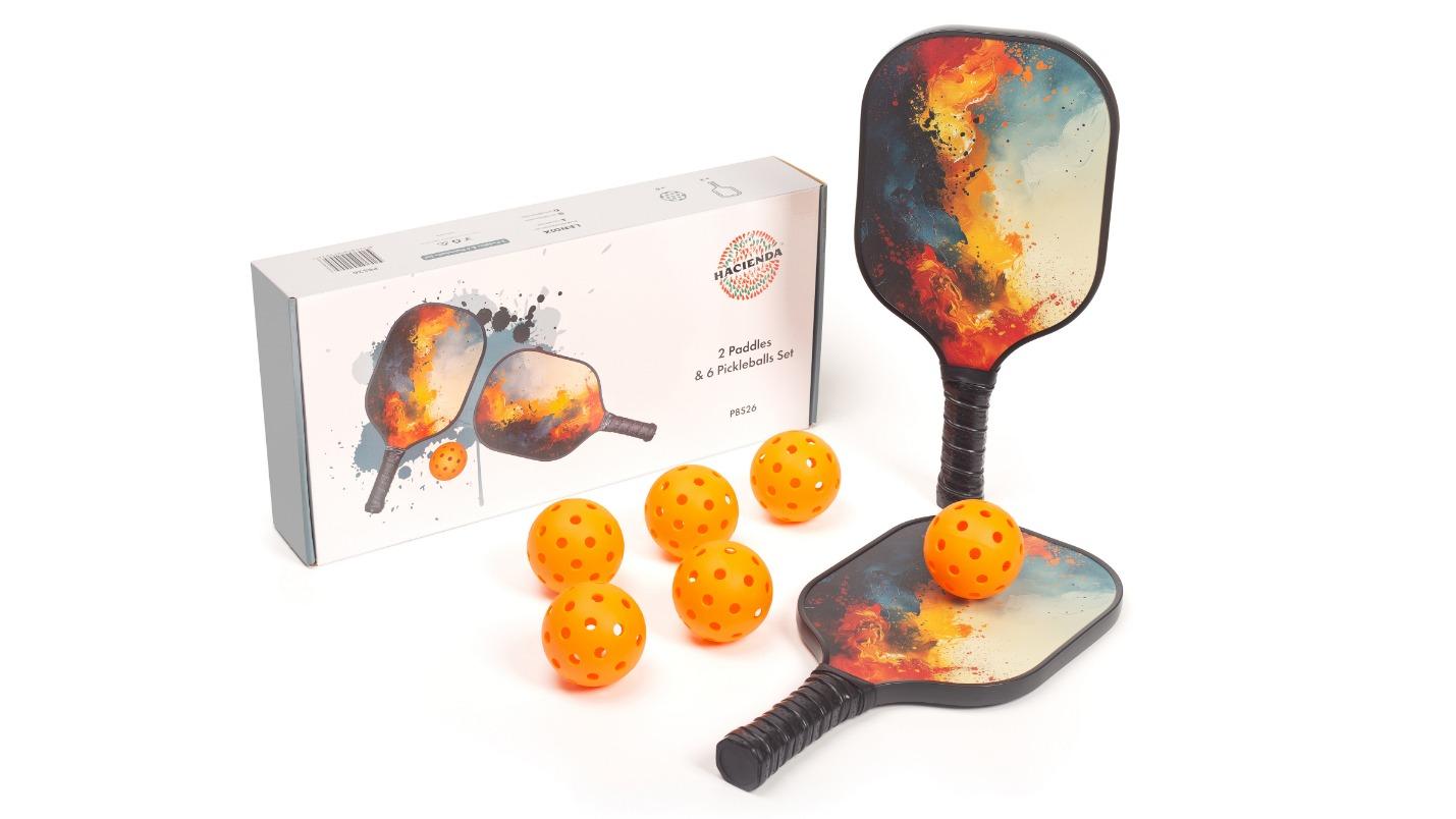 Hacienda Pickleball Set with 6 Aerodynamic Ball and 2 Fiberglass Paddle
