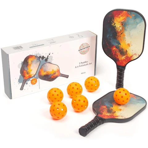 Hacienda Pickleball Set with 6 Aerodynamic Ball and 2 Fiberglass Paddle