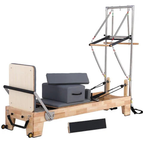 Eeeza Oak Wood Frame Reformer Pilates with Half Trapeze Table - Grey